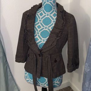🦋LOFT Petite Brown Plaid Frayed 3/4 Sleeve …